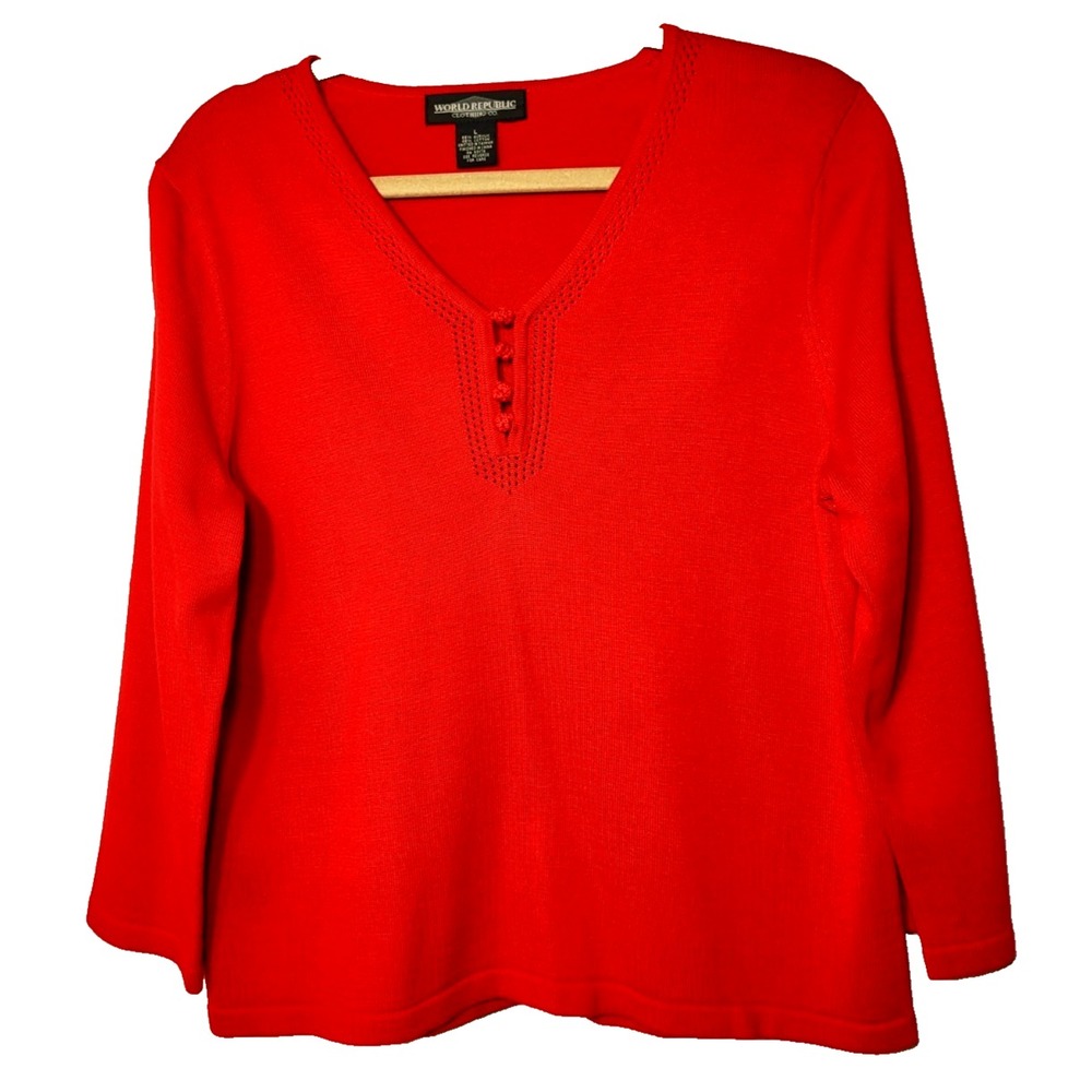 World Republic Clothing Red Button Front Cotton Blend Sweater‎ 3/4 Sleeve Large